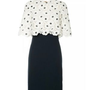 Oscar De La Renta Elegant White Lace Overlay Navy Sheath Dress